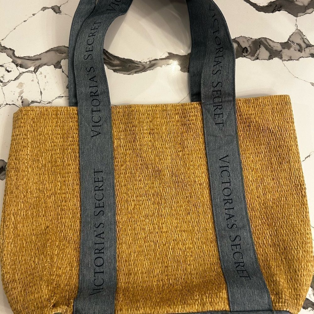 Victoria's Secret Tan and Blue Canvas Tote - Picture 2 of 5